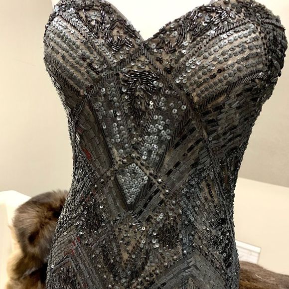 Custom Gorgeous Strapless Matte Sequins & Beads Fishtail Gown - Picture 2 of 16